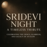 A landscape-oriented tribute poster for Sridevi Night, featuring elegant white and light gray text on a dark cinematic background. The main title reads "Sridevi Night: A Timeless Tribute," with a subtitle below stating "Celebrating the Grace, Glamour, and Legacy of an Icon." The design evokes a nostalgic and glamorous atmosphere, reflecting the legacy of the legendary Indian actress Sridevi.