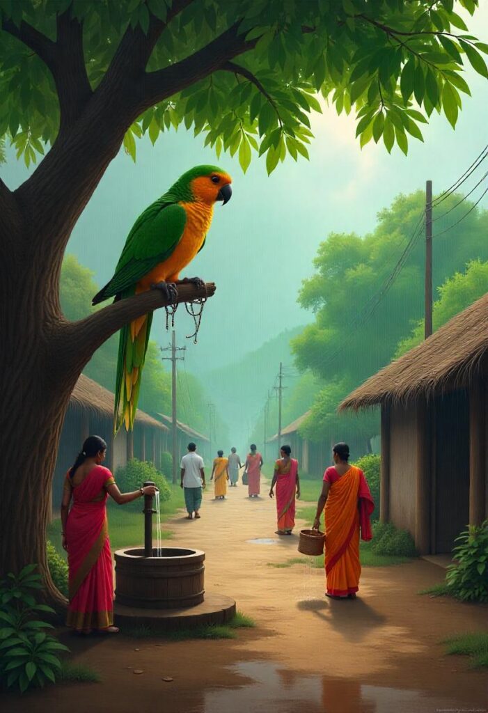 A vibrant illustration of chitti chilakamma, the iconic Telugu bird character, sitting on a tree with village scenery in the background.