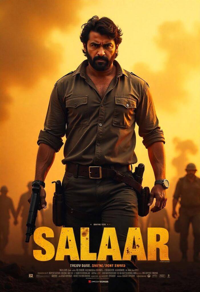 Salaar movie download poster showing lead actors in an action-packed scene