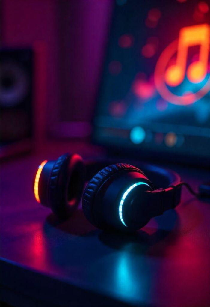 Colorful website interface for Bhojpuri song download with headphones and playlist icons