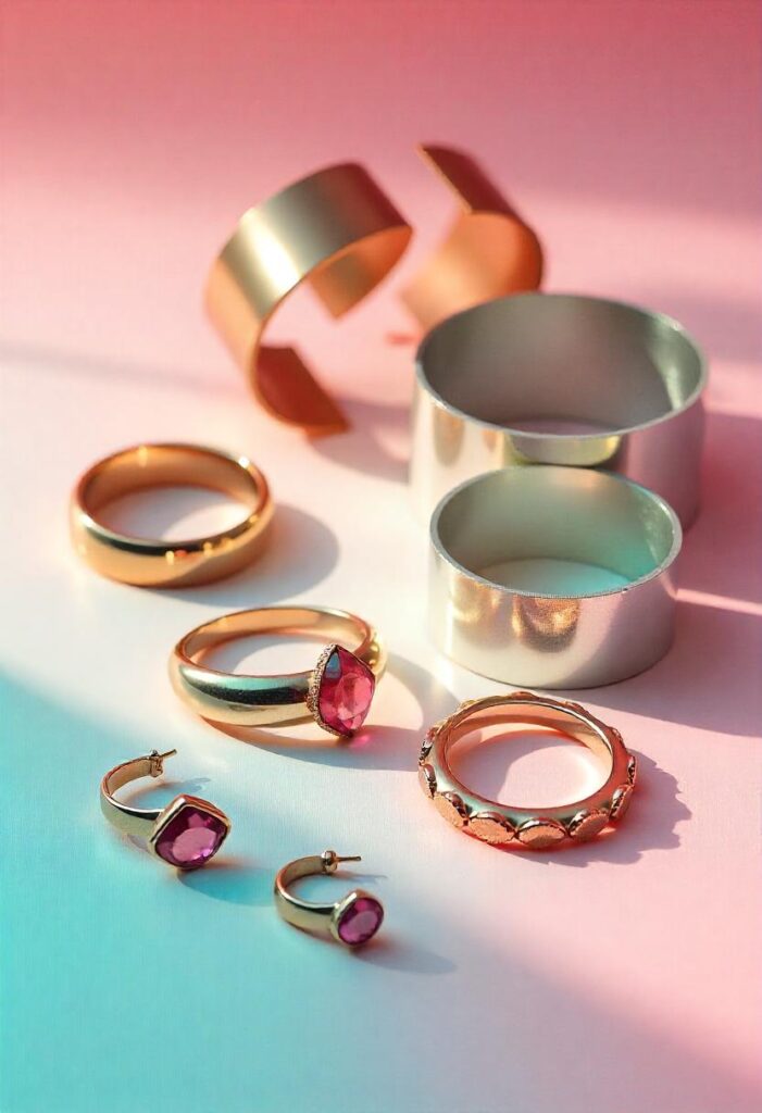 Modern fashion jewelry displayed on Misho website, featuring minimalist metallic designs including cuffs, rings, and sculptural earrings arranged aesthetically on a neutral background.
